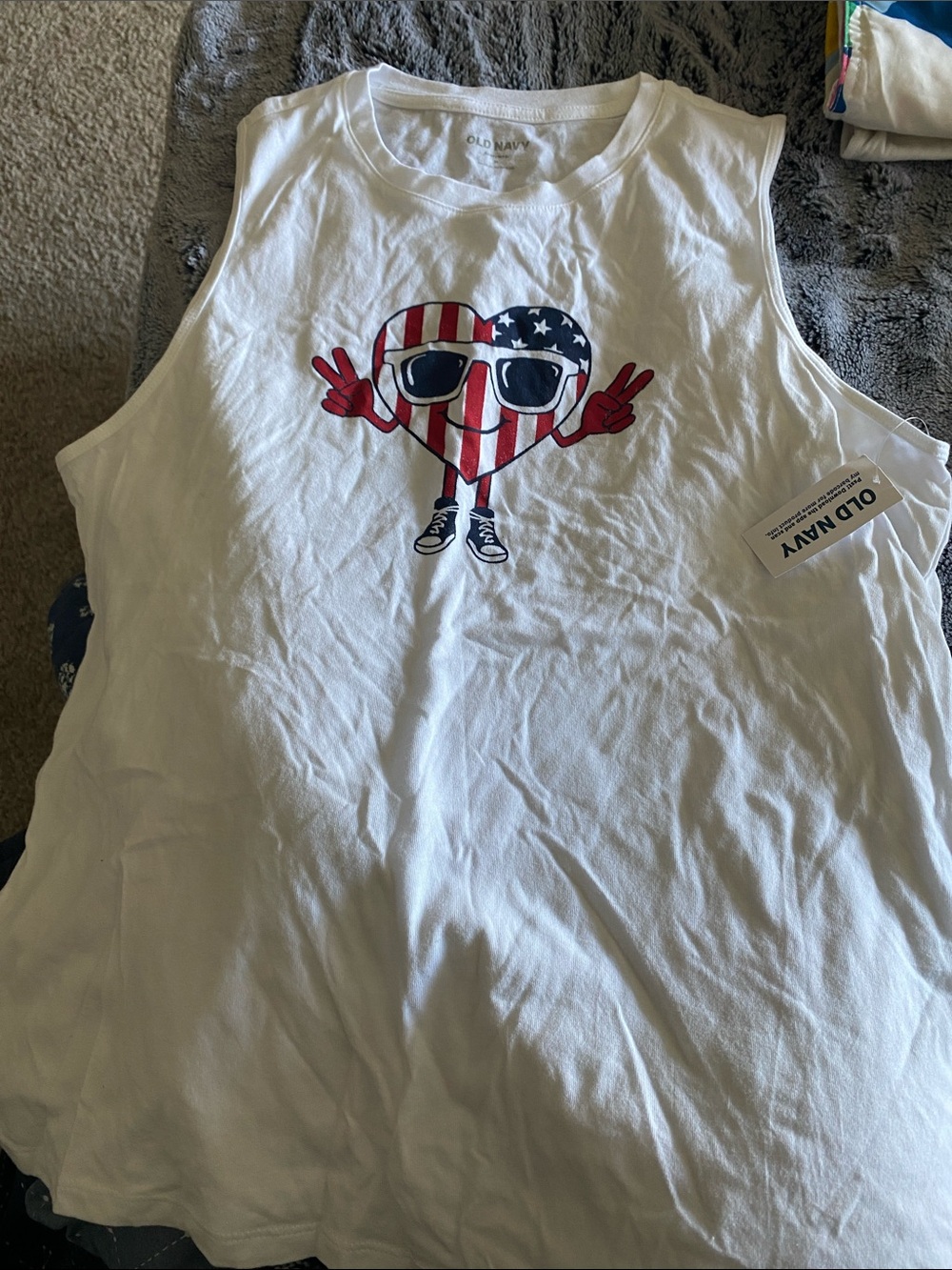 Old Navy White Tank with Red, Blue Patriotic Heart Graphic